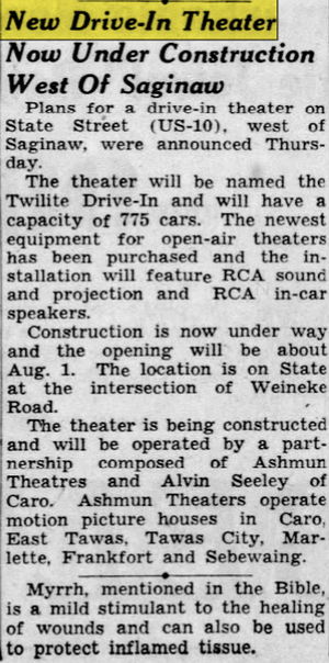 June 1948 article on construction Twilite Drive-In Theatre, Saginaw